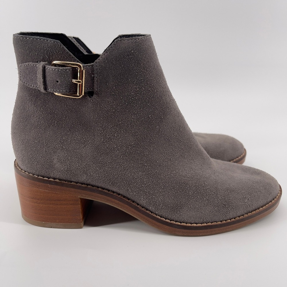 Cole Haan Grand OS Gray Suede‎ Leather Heeled Ankle Booties Buckle Detail Size 6